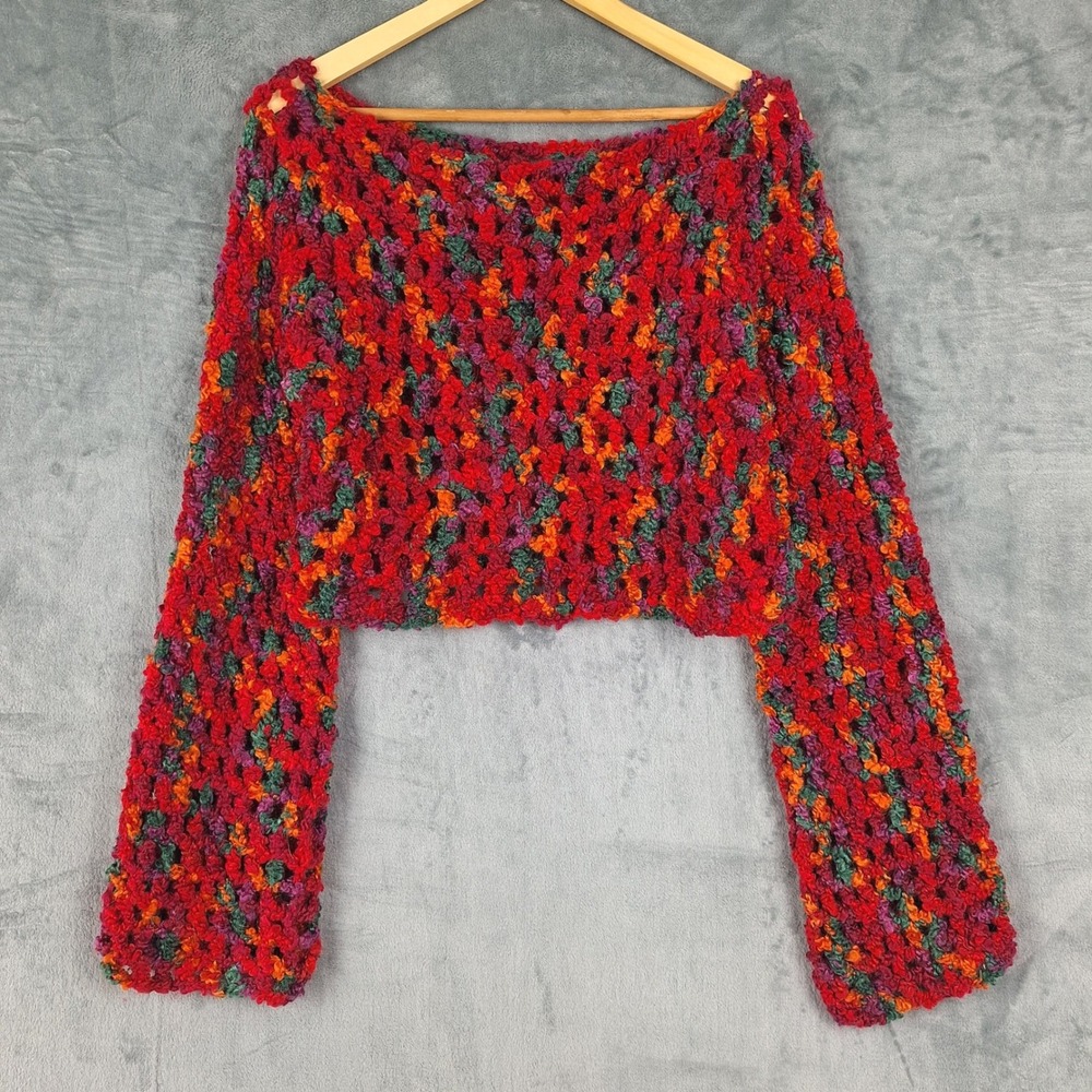 Womens Sweater Small Handmade Boho Crochet Knit Crop Festival Indie Colorful